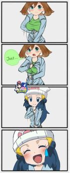 2girls annoyed artist_request blue_eyes blue_hair breasts brown_hair dawn_(pokemon) hat jealous large_breasts may_(pokemon) multiple_girls nintendo open_mouth pokemon pokemon_(anime) pokemon_dppt_(anime) pokemon_rse_(anime) small_breasts smile source_request tears