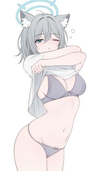 1girl absurdres animal_ear_fluff animal_ears blue_archive blue_eyes blue_halo bra breasts cleavage clothes_lift commentary grey_bra grey_panties halo highres lifting_own_clothes medium_breasts navel one_eye_closed panties parted_lips rable shiroko_(blue_archive) shirt_lift simple_background solo underwear white_background wolf_ears wolf_girl