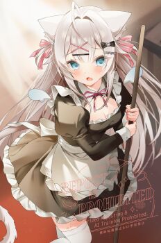 1girl absurdres ahoge amagami_amane_(vtuber) animal_ears apron black_dress blue_eyes breasts cat_ears cat_girl cat_tail cleavage cleavage_cutout clothing_cutout commentary_request commission dress frilled_dress frills hair_intakes hair_ornament hair_ribbon highres holding holding_staff indie_virtual_youtuber long_hair maid maid_apron medium_breasts open_mouth pink_hair pink_ribbon ribbon second-party_source solo staff tail thighhighs twintails ureinnn virtual_youtuber white_apron white_thighhighs x_hair_ornament