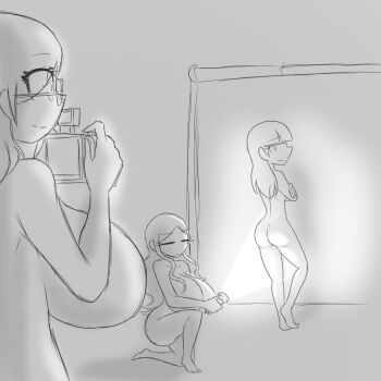 3girls alma_garcia_(nairod) ass back blunt_bangs breasts camera clara_garcia_(nairod) closed_eyes closed_mouth collarbone completely_nude convenient_arm convenient_leg covering_breasts covering_privates expressionless eyebrows feet female_focus flashlight flashlight_beam from_behind from_side full_body glasses highres holding holding_camera holding_flashlight huge_breasts indoors jitome joana_jimenez_(nairod) kneeling large_breasts long_hair looking_at_another looking_back median_furrow medium_breasts modeling mole mole_under_eye monochrome multiple_girls nairod_(dorianbaeza3) nude nude_modeling nudist original parted_bangs photo_shoot sagging_breasts sideboob sidelocks sideways_mouth sketch small_breasts standing straight_hair taking_picture upper_body