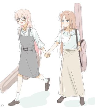 2girls bang_dream! bang_dream!_it&#039;s_mygo!!!!! blush brown_hair brown_skirt chihaya_anon chinese_commentary commentary_request dress fang glasses grey_dress grey_eyes guitar_case haidao_mao highres holding_hands instrument_case long_hair long_skirt multiple_girls nagasaki_soyo open_mouth parted_lips pinafore_dress pink_hair shirt sidelocks simple_background skirt sleeveless sleeveless_dress white_background white_shirt