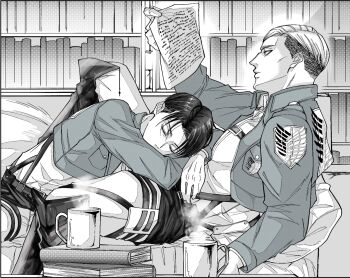 2boys black_hair bookshelf closed_eyes coffee_mug cropped_jacket cup erle55 erwin_smith greyscale highres holding holding_paper jacket lap_pillow levi_(shingeki_no_kyojin) male_focus military_jacket monochrome mug multiple_boys pants paper parted_bangs reading reclining shingeki_no_kyojin shirt steaming_cup survey_corps_(emblem) swept_bangs white_pants white_shirt yaoi