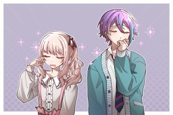 Rule 34 | 1boy, 1other, akiyama mizuki, androgynous, arm at side, asymmetrical sidelocks, blue hair, border, buttons, cardigan, closed eyes, collared shirt, covered mouth, diagonal-striped clothes, diagonal-striped necktie, double-parted bangs, earrings, hand up, hashtag-only commentary, highres, jewelry, kamishiro rui, kamiyama high school uniform (project sekai), lengling, long hair, multicolored hair, multicolored necktie, necktie, outside border, pink hair, project sekai, purple hair, school uniform, shirt, short hair, side ponytail, sidelocks, sparkle, streaked hair, striped clothes, stud earrings, tears, two-tone hair, upper body, white border