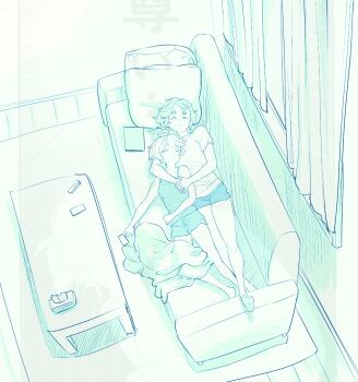 Rule 34 | 2girls, 5kawa8gi, barefoot, book, camisole, cellphone, closed eyes, closed mouth, commentary request, couch, cuddling, curtains, cushion, female focus, from above, gundam, gundam suisei no majo, hug, hug from behind, indoors, jewelry, long hair, miorine rembran, monochrome, multiple girls, on couch, phone, ring, shirt, short hair, short shorts, shorts, sleeping, smartphone, suletta mercury, thick eyebrows, tissue box, wedding ring, wife and wife, yuri