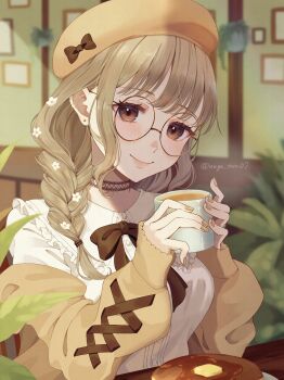 Rule 34 | 1girl, absurdres, amanegi toro, bow, braid, brown eyes, brown hair, cafe, food, glasses, hat, highres, long hair, looking at viewer, low twin braids, nail polish, original, pancake, restaurant, ribbon, shirt, smile, solo, twin braids, upper body