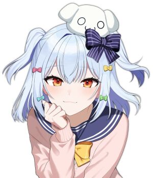 1boy blue_hair blue_sailor_collar bow bowtie cardigan commission crossdressing crossdressing_(mtf) hair_bow inuyama_tamaki inuyama_tamaki_(1st_costume) looking_at_viewer male_focus medium_hair multiple_hair_bows noripro pink_cardigan sailor_collar school_uniform serafuku simple_background skeb_commission smile solo trap two_side_up upper_body virtual_youtuber white_background yellow_bow yellow_bowtie yellow_eyes ymzva8mba163317