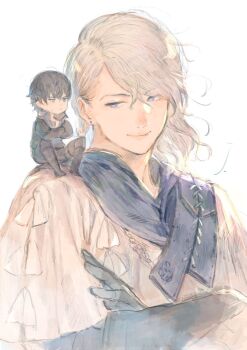 2boys barnabas_tharmr beard_stubble black_boots black_gloves black_hair black_jacket black_pants blue_eyes boots braid chibi closed_mouth crossed_arms facial_hair final_fantasy final_fantasy_xvi gloves hair_between_eyes highres j2_path jacket male_focus multiple_boys pants shirt side_braid sitting_on_shoulder sleipnir_harbard smile stubble swept_bangs upper_body white_background white_hair white_shirt