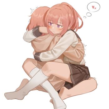 2girls amaori_haruna amaori_renako heart hug leg_lock milktea_(gggrrr2000) multiple_girls pink_hair ponytail purple_eyes sailor_collar school_uniform serafuku shirt short_hair siblings simple_background sisters skirt socks straddling upright_straddle watashi_ga_koibito_ni_nareru_wake_naijan_murimuri! white_background white_shirt yuri