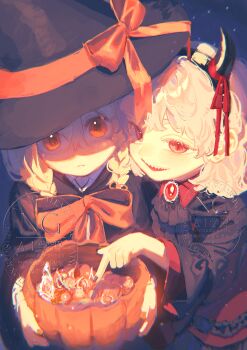 2girls absurdres black_cloak black_dress black_hat black_nails blonde_hair bow braid candy cloak closed_mouth commentary demon_girl dress fake_horns food gem hair_between_eyes halloween halloween_bucket halloween_costume happy hat highres holding holding_halloween_bucket horns light_frown long_hair looking_at_viewer multiple_girls night open_mouth orange_bow orange_eyes orange_nails original pointing red_dress red_eyes red_gem red_ribbon ribbon sharp_teeth sky soramameponzu standing star_(sky) starry_sky teeth twin_braids two-tone_dress untranslatable_commentary watermark witch