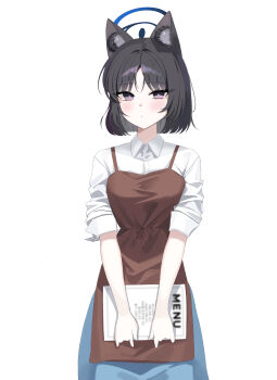 1girl absurdres alternate_costume animal_ear_fluff animal_ears apron black_hair blue_archive blue_halo blue_skirt blush bright_pupils brown_apron cat_ears cat_girl closed_mouth collared_shirt commentary cowboy_shot eyelashes eyes_visible_through_hair grey_eyes hair_between_eyes halo highres holding holding_menu kikyou_(blue_archive) kirat_kr light_frown long_hair looking_at_viewer menu shirt short_hair simple_background skirt sleeves_rolled_up solo straight_hair tsurime v_arms waitress white_background white_pupils white_shirt