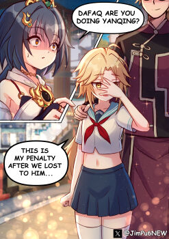 1girl 1other 2boys absurdres ahoge arm_up armpits blonde_hair blue_sailor_collar blue_skirt blurry blurry_background blush bra breasts bridal_gauntlets chinese_clothes choker clenched_hand closed_mouth collarbone commentary crop_top detached_collar detached_sleeves english_commentary english_text faceless faceless_male from_side grey_hair hair_between_eyes hair_ornament hairclip hand_on_another's_shoulder hand_on_own_face hand_up headpiece high_ponytail highres honkai:_star_rail honkai_(series) index_finger_raised jewelry jimpu6 light_particles light_smile long_hair long_sleeves looking_to_the_side looking_up low_twintails multiple_boys navel orange_eyes outdoors parted_bangs parted_lips pendant pleated_skirt pointing ponytail sailor_collar school_uniform shaded_face short_sleeves sideboob skirt skott_(honkai:_star_rail) sparkle sparkling_aura speech_bubble standing stomach surprised sweatdrop thighhighs thighs trap twintails twitter_username underwear white_thighhighs wide-eyed yanqing_(honkai:_star_rail) yaoi yellow_eyes yunli_(honkai:_star_rail)