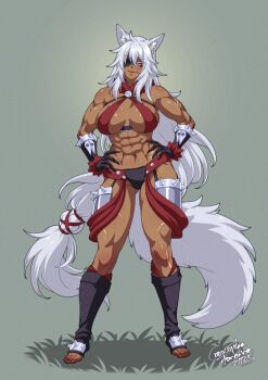 1girl abs animal_ear_fluff animal_ears armor artist_name bare_shoulders black_boots black_gloves boots breasts closed_mouth collared_halterneck commentary commission crescentia_fortuna criss-cross_halter dark-skinned_female dark_skin english_commentary eyepatch full_body gloves grey_background grey_hair grey_tail halterneck hands_on_own_hips highres large_breasts leg_armor long_hair looking_at_viewer muscular muscular_female navel obliques open-toe_boots original red_eyes scar scar_across_eye scar_on_arm scar_on_breasts scar_on_face scar_on_leg sif_(ddust64) smile solo spiked_armor spikes standing toes very_long_hair white_hair white_tail wolf_ears wolf_girl