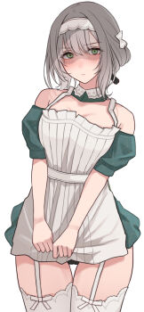 1girl apron apron_grab black_ribbon breasts cleavage clothes_grab dress embarrassed furrowed_brow gakuen_idolmaster garter_straps green_dress green_eyes grey_hair hair_ribbon highres hiwatari_kanae idolmaster looking_at_viewer maid maid_headdress medium_breasts namagaki_namero off-shoulder_dress off_shoulder ribbon shaded_face short_hair solo thighhighs variant_set white_apron white_thighhighs zettai_ryouiki
