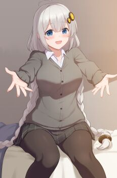 Rule 34 | 1girl, :d, absurdres, ahoge, black pantyhose, black skirt, blue eyes, blush, braid, breasts, collared shirt, commentary request, dress shirt, feet out of frame, grey jacket, hair between eyes, hair ornament, highres, jacket, kizuna akari, long hair, long sleeves, looking at viewer, low twintails, medium breasts, open mouth, outstretched arms, pantyhose, pleated skirt, ruttse, shirt, sitting, skirt, sleeves past wrists, smile, solo, twin braids, twintails, very long hair, voiceroid, white shirt
