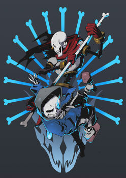 2boys black_shorts blue_jacket bone boots full_body gasterblaster gloves glowing glowing_eye grey_background grin hand_up holding holding_bone hood hood_up jacket looking_at_viewer male_focus multiple_boys papyrus_(undertale) pink_slippers profile red_boots red_gloves red_scarf sans_(undertale) scarf shirt shorts skeleton slippers smile socks teeth undertale utdr_(toby_fox) white_shirt white_socks yugaiga