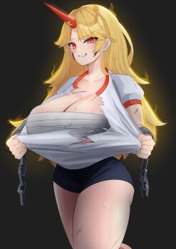 1girl absurdres black_buruma blonde_hair blush breasts buruma chain chest_sarashi commentary_request cone_horns cowboy_shot cuffs grey_background grin highres horns hoshiguma_yuugi huge_breasts long_hair looking_at_viewer parted_bangs red_eyes red_horns sarashi shackles shinonome_zakuro shirt short_sleeves simple_background single_horn smile solo star_(symbol) t-shirt tearing_clothes torn_clothes torn_shirt touhou white_shirt