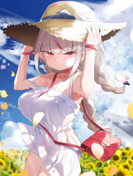 1girl absurdres bag bare_shoulders between_breasts blue_sky blush braid breasts cloud collar day dress flower handbag hat highres large_breasts looking_at_viewer makaino_ririmu makaino_ririmu_(3rd_costume) nijisanji oppai_loli outdoors platinum_blonde_hair pointy_ears purple_eyes red_hair sky sleeveless sleeveless_dress smile solo strap_between_breasts strap_slip straw_hat sunflower twin_braids utsusumi_kio virtual_youtuber white_dress