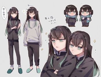 2boys aqua_hair aqua_slippers black_jacket black_pants blue_scarf buttons chibi crossed_arms dual_persona full_body gold_buttons highres jacket kenpin kimetsu_no_yaiba long_hair male_focus multiple_boys pants scarf sleeves_past_fingers sleeves_past_wrists slippers socks sparkle speech_bubble standing sweater tokitou_muichirou translation_request white_socks white_sweater