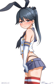 Rule 34 | 1girl, black hair, black hairband, black neckerchief, black panties, blue sailor collar, blue skirt, commentary request, cosplay, elbow gloves, gloves, hairband, highleg, highleg panties, houshou (kancolle), kantai collection, long hair, microskirt, neckerchief, panties, ponytail, ray.s, sailor collar, shimakaze (kancolle), shimakaze (kancolle) (cosplay), skirt, solo, striped clothes, striped thighhighs, thighhighs, underwear, white background, white gloves