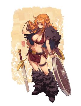 1girl arm_at_side belt black_belt black_boots boots border bra braid braided_sidelock breasts choker cleavage closed_mouth daniel_deng fading_border full_body fur_boots fur_footwear hair_flip hand_in_own_hair hand_on_shield hand_rest hand_up highres large_breasts loincloth long_hair midriff miniskirt nami_(one_piece) nami_(one_piece)_(elbaf) navel official_alternate_costume official_alternate_hairstyle one_piece orange_hair planted planted_sword planted_weapon red_bra red_loincloth revealing_clothes shield signature single_sidelock skirt solo standing sword thigh_strap thighs underwear wavy_hair weapon white_background wristband yellow_background
