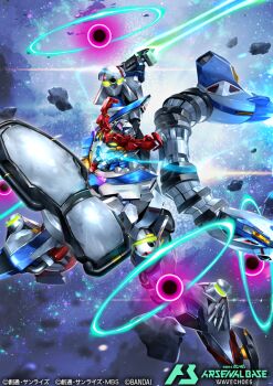 Rule 34 | bandai, beam shield, commentary request, company name, copyright logo, copyright name, copyright notice, energy barrier, energy ring, energy shield, energy sword, gquuuuuux, gundam, gundam gquuuuuux, holding, holding sword, holding weapon, kenko (a143016), logo, mecha, mecha focus, mixed-language text, mobile suit, no humans, official art, realistic, robot, scene reference, science fiction, shield, solo, space, sword, thrusters, title, v-fin, weapon, zero gravity