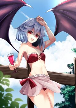 Rule 34 | 1girl, :d, alternate costume, bat wings, bikini, blue hair, blush, breasts, champagne glass, collarbone, cowboy shot, cup, day, drinking glass, female focus, hair between eyes, highres, looking at viewer, miniskirt, open mouth, outdoors, red bikini, red eyes, remilia scarlet, sinkai, skirt, small breasts, smile, solo, strapless, strapless bikini, sunlight, swimsuit, touhou, wine glass, wings