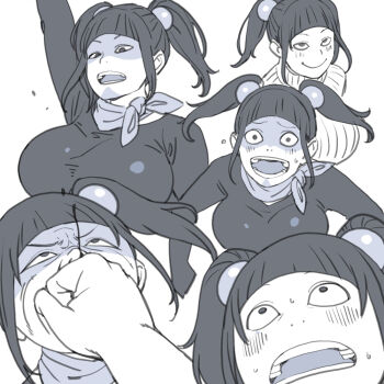 1girl blush breasts hs_egg injury kamen_rider large_breasts lips long_hair monochrome multiple_views punching smile solo toujima_tanzaburou_wa_kamen_rider_ni_naritai twintails white_background yukarisu