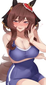 1girl :d absurdres animal_ears arm_under_breasts blue_one-piece_swimsuit blush braid braided_hair_rings breasts brown_hair cleavage collarbone covered_navel ear_covers ear_ornament gentildonna_(umamusume) hair_between_eyes hair_rings heart highres horse_ears horse_girl horse_tail large_breasts long_hair looking_at_viewer one-piece_swimsuit open_mouth purple_eyes red_eyes simple_background sitting smile solo swimsuit tail tracen_swimsuit umamusume white_background xkittyzx