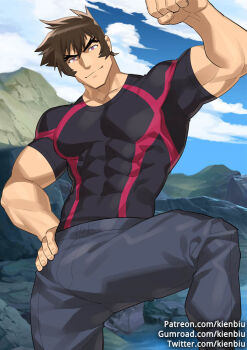 1boy bara brown_hair commentary covered_abs english_commentary flexing gumroad_username high_school_dxd kienbiu looking_at_viewer male_focus muscular muscular_male outdoors paid_reward_available pants patreon_username purple_eyes sairaorg_bael shirt short_hair sky solo tight_clothes tight_shirt twitter_username variant_set