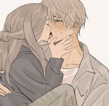 1boy 1girl absurdres arm_around_back black_sweater blush brown_hair closed_eyes couple french_kiss grey_hair grey_jacket grey_pants hair_between_eyes half-closed_eyes half_updo hand_on_another&#039;s_chin hetero highres jacket kiss ladxena long_hair looking_at_another love_and_deepspace open_mouth pants parted_bangs protagonist_(love_and_deepspace) shirt short_hair sweat sweater upper_body white_background white_shirt xavier_(love_and_deepspace)