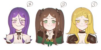 3girls absurdres bare_shoulders blonde_hair braid braided_bangs brown_hair choker collarbone drag-on_dragoon drag-on_dragoon_3 earrings facial_mark five_(drag-on_dragoon) forehead_mark four_(drag-on_dragoon) fur-trimmed_hood fur_trim green_eyes grin highres hood hood_down jewelry long_hair mole mole_under_eye multiple_girls neck_ribbon purple_eyes purple_hair ribbon roman_numeral siblings simple_background single_braid sisters smile smug three_(drag-on_dragoon) two_side_up upper_body white_background yellow_eyes zemzk