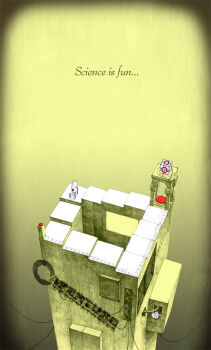 aperture_science_weighted_companion_cube ascending_and_descending_(m_c_escher) building english_text fine_art_parody from_above heart no_humans parody personality_core portal portal_(series) portal_1 portal_2 sentry_turret_(portal) sepia spot_color valve wheatley who93