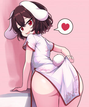 1girl :3 alternate_costume animal_ears arm_support ass blush_stickers brown_eyes china_dress chinese_clothes clothes_lift collared_dress commentary_request cowboy_shot dress dress_lift from_behind heart highres inaba_tewi kisaragi_koushi looking_back mesugaki no_panties open_mouth pelvic_curtain pink_background rabbit_ears rabbit_tail red_eyes short_hair short_sleeves side_slit smile smug solo spoken_heart tail teasing touhou white_dress