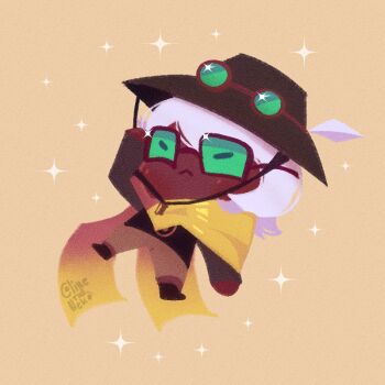 Rule 34 | 1boy, :<, aviator cap, aviator goggles, black shirt, cedric (oneshot), closed eyes, colinetheneko, dark-skinned male, dark skin, eyewear on head, full body, glasses, hand up, hat feather, long sleeves, male focus, oneshot (game), scarf, shirt, short hair, solo, white hair, yellow scarf