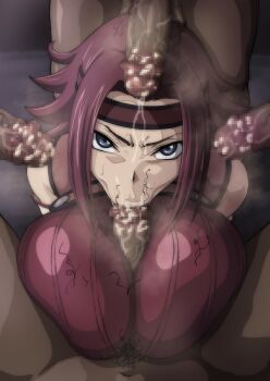 1girl blue_eyes breasts censored clothed_female_nude_male code_geass cum dark-skinned_male dark_skin fellatio highres iwao178 kouzuki_kallen large_breasts multiple_boys nude oral paizuri parted_bangs penis red_hair smegma thick_thighs thighs