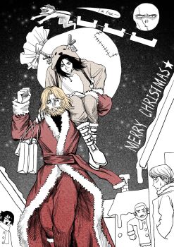 1other 5boys animal_costume bag beard black_hair blonde_hair boots brothers carrying clenched_teeth commentary connie_springer eren_yeager eyepatch facial_hair full_moon fur-trimmed_boots fur-trimmed_robe fur_trim furrowed_brow glasses hair_between_eyes hand_in_pocket hange_zoe highres holding holding_sack levi_(shingeki_no_kyojin) medium_hair merry_christmas moblit_berner moon multiple_boys noroshy328 pants red_pants red_robe reindeer_costume robe running sack santa_costume scarf shingeki_no_kyojin shopping_bag short_hair shoulder_carry siblings sleigh stitched_face stitches sweatdrop symbol-only_commentary teeth titan_(shingeki_no_kyojin) very_short_hair zeke_yeager