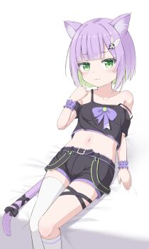 Rule 34 | 1girl, animal ear fluff, animal ears, bare shoulders, belt, belt buckle, black shorts, blush, bow, buckle, cat ears, cat tail, closed mouth, collarbone, colored inner hair, commission, crop top, denim, denim shorts, female focus, flat chest, green eyes, green hair, hair ornament, hairclip, highres, indie virtual youtuber, kneehighs, knees, looking at viewer, midriff, multicolored hair, navel, off shoulder, on bed, purple bow, purple hair, purple tail, purple wrist cuffs, short hair, short shorts, shorts, shwaa, simple background, single thighhigh, sitting, skeb commission, socks, solo, stomach, tail, tail bow, tail ornament, takasuma hiro, thigh strap, thighhighs, thighs, virtual youtuber, wavy mouth, webp-to-png conversion, white background, white socks, wrist cuffs