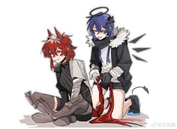 2girls arknights armored_boots asymmetrical_gloves black_gloves black_jacket black_shirt black_shoes black_shorts blue_hair boots chinese_commentary closed_eyes commentary_request fiammetta_(arknights) gloves grey_outline hair_between_eyes halo head_wings highres jacket kneeling long_hair medium_hair mismatched_gloves mostima_(arknights) multiple_girls outline purple_eyes qianxidasuan_(suan_wu_cao) red_eyes red_hair shirt shoes shorts simple_background tail white_background white_gloves wings