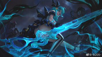 1girl absurdres ahoge aqua_eyes aqua_hair ass asymmetrical_legwear b205 back_bow bare_shoulders black_bow black_gloves blush bow chinese_commentary clock clock_tower cloud cloudy_sky commentary_request convenient_censoring dress drill_hair frilled_dress frills from_below gloves glowing glowing_markings grey_dress gwen_(league_of_legends) hair_bow hair_ornament highres instrument league_of_legends lips long_hair looking_at_viewer looking_down mary_janes mismatched_legwear night no_panties nose off-shoulder_dress off_shoulder outdoors oversized_object piano roman_numeral scissors shoes sidelocks sitting sky solo striped_clothes striped_thighhighs swept_bangs symbol-shaped_pupils thighhighs tower twin_drills vertical-striped_clothes vertical-striped_thighhighs watermark weibo_watermark white_thighhighs x-shaped_pupils x_hair_ornament