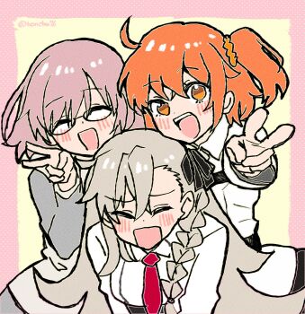 3girls ahoge blush bow braid closed_eyes commentary_request fate/grand_order fate_(series) fujimaru_ritsuka_(female) glasses hair_between_eyes hair_bow highres honchu mash_kyrielight multiple_girls necktie olga_marie_animusphere olga_marie_animusphere_(unbeast) orange_eyes orange_hair pink_hair side_ponytail v white_hair
