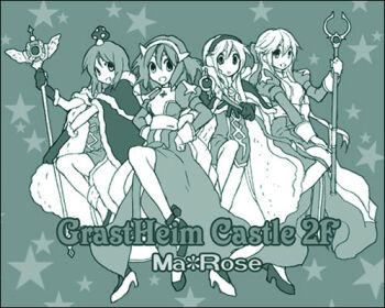 4girls bad_id boots cape commentary_request dress fake_horns full_body fur-trimmed_cape fur-trimmed_gloves fur_trim gloves green_theme hairband headphones high_priest_(ragnarok_online) high_wizard_(ragnarok_online) horns juliet_sleeves lala_(sputnik) long_hair long_sleeves looking_at_viewer lowres monochrome multiple_girls mushroom_on_head open_mouth puffy_sleeves ragnarok_online shoes short_hair smile staff two-tone_dress