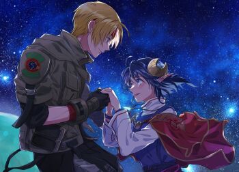 Rule 34 | 19670615t, 1boy, 1girl, ahoge, blue eyes, blue hair, blush, cape, claude c. kenny, closed mouth, crescent, crescent hair ornament, gloves, hair ornament, highres, open mouth, pointy ears, red cape, rena lanford, short hair, smile, star (sky), star ocean, star ocean: the second story