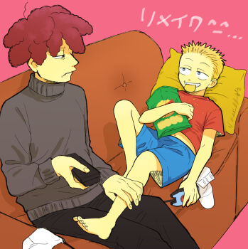 20th_century_fox 2boys age_difference bare_legs barefoot bart_simpson blonde_hair blue_shorts chawako_(spchawanmushi) child chips_(food) couch eating feet food grin highres legs lying male_focus messy_hair multiple_boys naughty_face on_back on_couch pillow potato_chips red_hair red_shirt seductive_smile shirt shorts sideshow_bob sitting smile socks soles sweater teeth the_simpsons toes unworn_socks