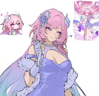 1girl alternate_costume artist_name bare_shoulders breasts bunnyoki chibi chibi_inset cleavage cyrene_(demiurge)_(honkai:_star_rail) cyrene_(honkai:_star_rail) diamond-shaped_pupils diamond_(shape) dress flower gloves hair_flower hair_ornament hashtag-only_commentary heart highres honkai:_star_rail honkai_(series) jewelry large_breasts long_hair necklace official_art_inset pearl_necklace pink_hair purple_dress purple_eyes simple_background smile solo symbol-shaped_pupils very_long_hair white_background white_gloves