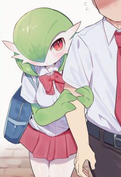 1boy 1girl ai-generated bag blush bob_cut breasts clothed_pokemon colored_skin commentary_request dating gardevoir gen_3_pokemon green_hair green_skin hair_over_one_eye highres kaigamiaikemono locked_arms medium_breasts multicolored_skin necktie nintendo one_eye_covered pleated_skirt pokemon pokemon_(creature) red_eyes school_bag school_uniform shirt short_hair skirt standing two-tone_skin white_shirt white_skin