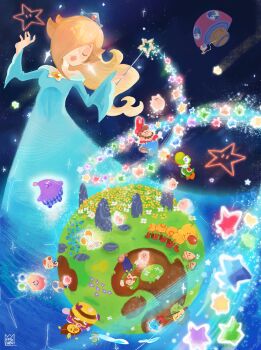 2girls 6+boys :d :o absurdres aqua_dress artist_name bare_shoulders bee blonde_hair blue_eyes blue_flower blue_gem blue_overalls blue_pants blue_toad_(mario) brown_hair brown_shoes bug captain_toad closed_eyes closed_mouth commentary crown dress english_commentary eyelashes facial_hair floating_hair flower gearmo_(mario) gem gloves grass green_hat green_shirt green_toad_(mario) hair_over_one_eye hands_up hat hat_loss highres holding holding_wand honey_queen_(mario) honeybee_(mario) hungry_luma_(super_mario_galaxy) insect king_fabu lips long_dress long_hair long_sleeves long_tongue looking_up lubba luigi luma_(mario) mario mario_(series) mini_crown multiple_boys multiple_girls mustache nintendo off-shoulder_dress off_shoulder one_eye_covered open_mouth overalls pants parted_bangs purple_flower rabbit red_gem red_hat red_shirt red_toad_(mario) robot rock rosalina shirt shoes short_hair sky sleeping smile solid_oval_eyes space sparkle star_(sky) star_(symbol) star_bit star_bunny star_wand starry_sky starshroom_(mario) super_mario_galaxy thick_lips toad_(mario) tongue tongue_out u_u wand white_eyes white_flower white_gloves whittle_(super_mario_galaxy_2) wide_sleeves wiggler yellow_flower yoshi