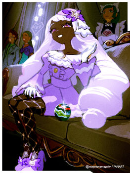 1boy 3girls apron ascot bow bowtie brooch character_request collarbone couch curtains dark-skinned_female dark_skin dress fascinator fishnet_pantyhose fishnets formal_clothes frilled_ascot frills frown full_body gem glint glove_bow gloves green_hair grin hair_ornament hand_on_lap hand_on_own_thigh hand_up heart heart_print high_heels highres indoors jacinthe_(pokemon) jewelry juliet_sleeves lebanne_(pokemon) long_hair long_sleeves looking_at_viewer low_drills maid maid_apron maid_headdress master_and_servant mayotsunamayo mega_stone multiple_girls nintendo on_couch pantyhose pokemon pokemon_legends:_z-a puffy_sleeves purple_dress purple_eyes purple_hair purple_shoes shoes sitting smile solo_focus sparkling_eyes standing suit very_dark_skin white_bow white_bowtie white_gloves yellow_bow