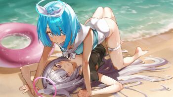 Rule 34 | 2girls, :o, adapted costume, all fours, arm up, arona (blue archive), ass, barefoot, beach, black shirt, blue archive, blue eyes, blue hair, blue halo, blue shirt, blush, bow, bowtie, braid, commentary, day, eyelashes, film grain, full body, girl on top, grey eyes, grey hair, hair between eyes, hair bow, hair spread out, halo, highleg, highleg one-piece swimsuit, highres, holding hands, innertube, interlocked fingers, knee up, long hair, looking at viewer, lying, medium hair, multiple girls, ocean, on back, one-piece swimsuit, open mouth, outdoors, parted lips, pink halo, plana (blue archive), sailor collar, shirt, short sleeves, single braid, skindentation, sleeveless, sleeveless shirt, swim ring, swimsuit, taroekaki, thigh strap, thighs, upturned eyes, very long hair, white bow, white bowtie, white one-piece swimsuit, white sailor collar, yuri