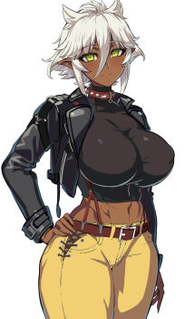 Rule 34 | 1girl, belt, black jacket, black shirt, breasts, collar, dark-skinned female, dark skin, demon girl, female focus, green eyes, hand on own hip, highres, horns, huge breasts, jacket, leather, leather jacket, looking at viewer, midriff, navel, ookuma nekosuke, pants, pointy ears, shinmai maou no testament, shirt, short hair, smile, solo, standing, thick thighs, thighs, white hair, yellow eyes, yellow pants, zest