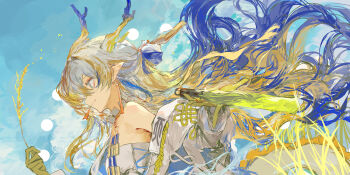 Rule 34 | 1girl, absurdres, arknights, blonde hair, blue hair, blue sky, colored extremities, colored skin, commentary, dragon girl, dragon horns, dragon tail, earrings, hair ornament, hair stick, highres, holding wheat, horns, ichika (ichika87), jewelry, long hair, multicolored hair, necklace, off shoulder, outdoors, pointy ears, shirt, shu (arknights), sky, smile, solo, symbol-only commentary, tail, tassel, tassel earrings, upper body, very long hair, wheat, white background, white hair, white shirt, yellow skin